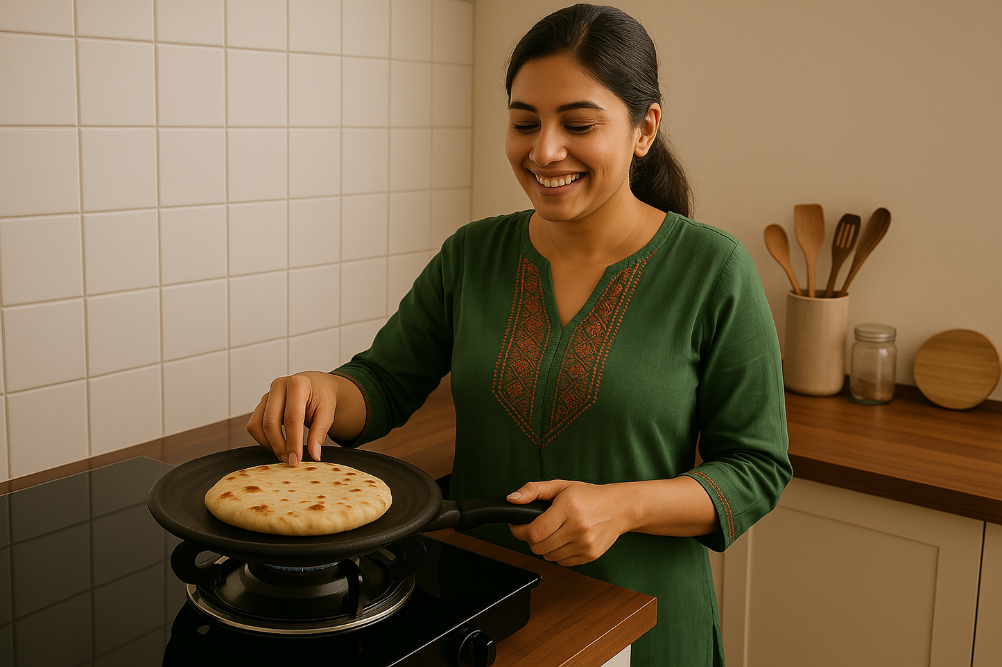 A woman cooking roti on a Handmade Clay Tawa for Roti & Dosa in a modern kitchen.