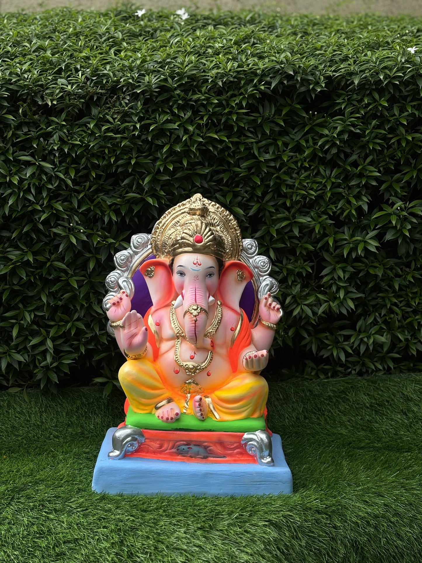 Vighnaharta Singhasan 15" Inch Clay Ganesha, Eco friendly Murti @ Khaapree