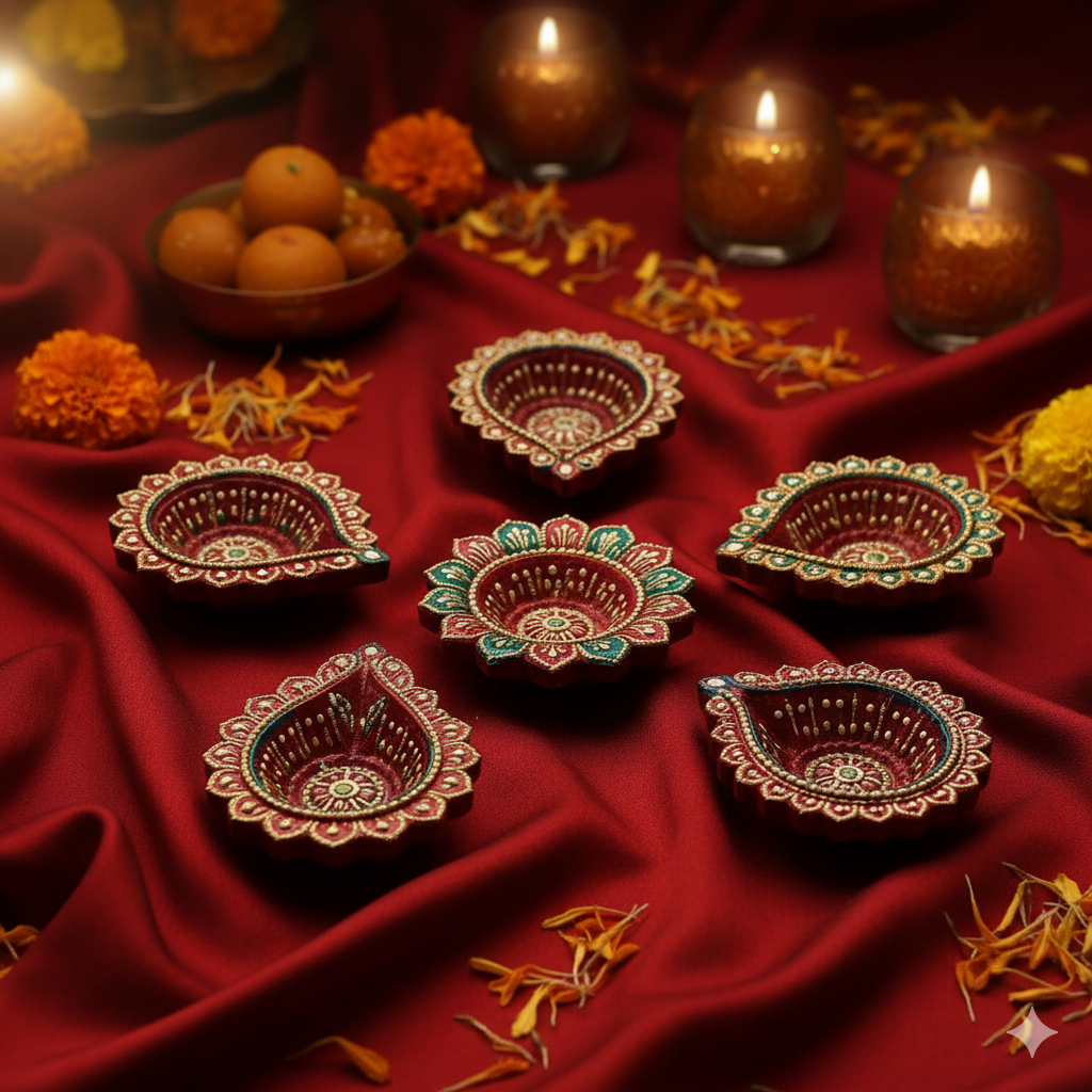 Colorful Diwali Diyas Pack – Set of 6 Hand-Painted clay lamps arranged on a festive table with marigold flowers.