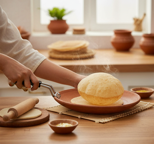 Person using Clay Tawa With Handle for Roti to cook roti in a traditional Indian kitchen setting.