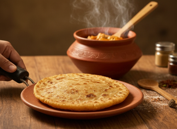 Clay Tawa With Handle for Roti – 9 inch, showcasing freshly made roti on a traditional plate with a clay pot in the background.