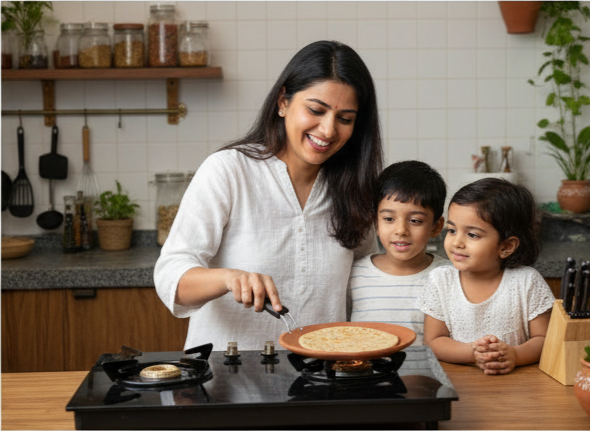 Collage of a woman and children cooking together in a kitchen.