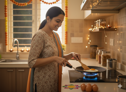 Woman cooking an egg on a Clay Tawa With Handle for Roti in a warm and festive kitchen setting.