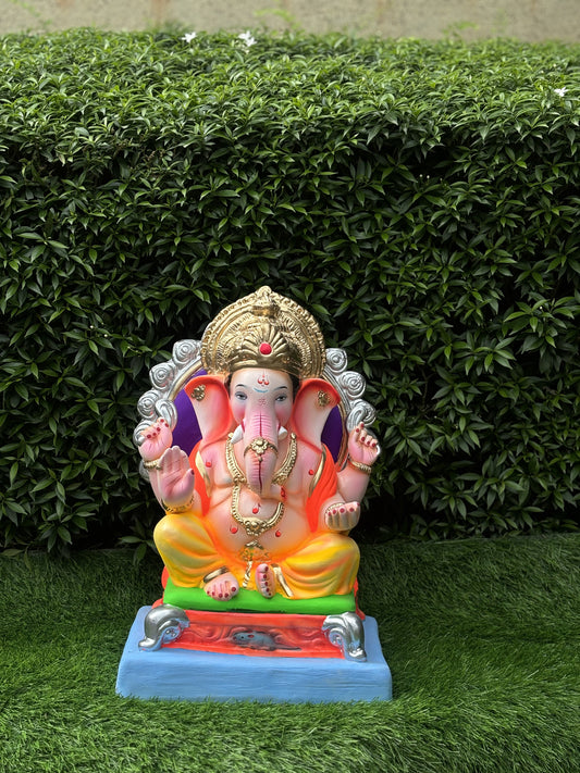 Vighnaharta Singhasan 15" Inch Clay Ganesha, Eco friendly Murti @ Khaapree