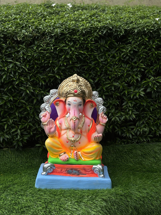 Vighnaharta Singhasan 15" Inch Clay Ganesha, Eco friendly Murti @ Khaapree
